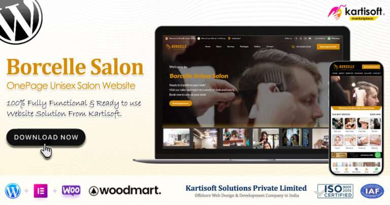 Borcelle Salon OnePage Unisex Salon Website Kartisoft Marketplace